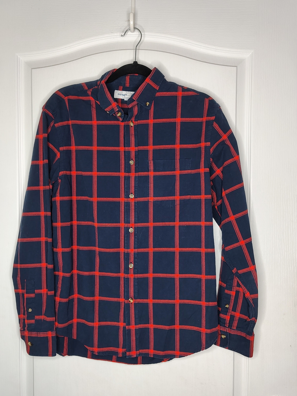 Old Navy Men's Navy Blue & Red Plaid Button-Down Shirt